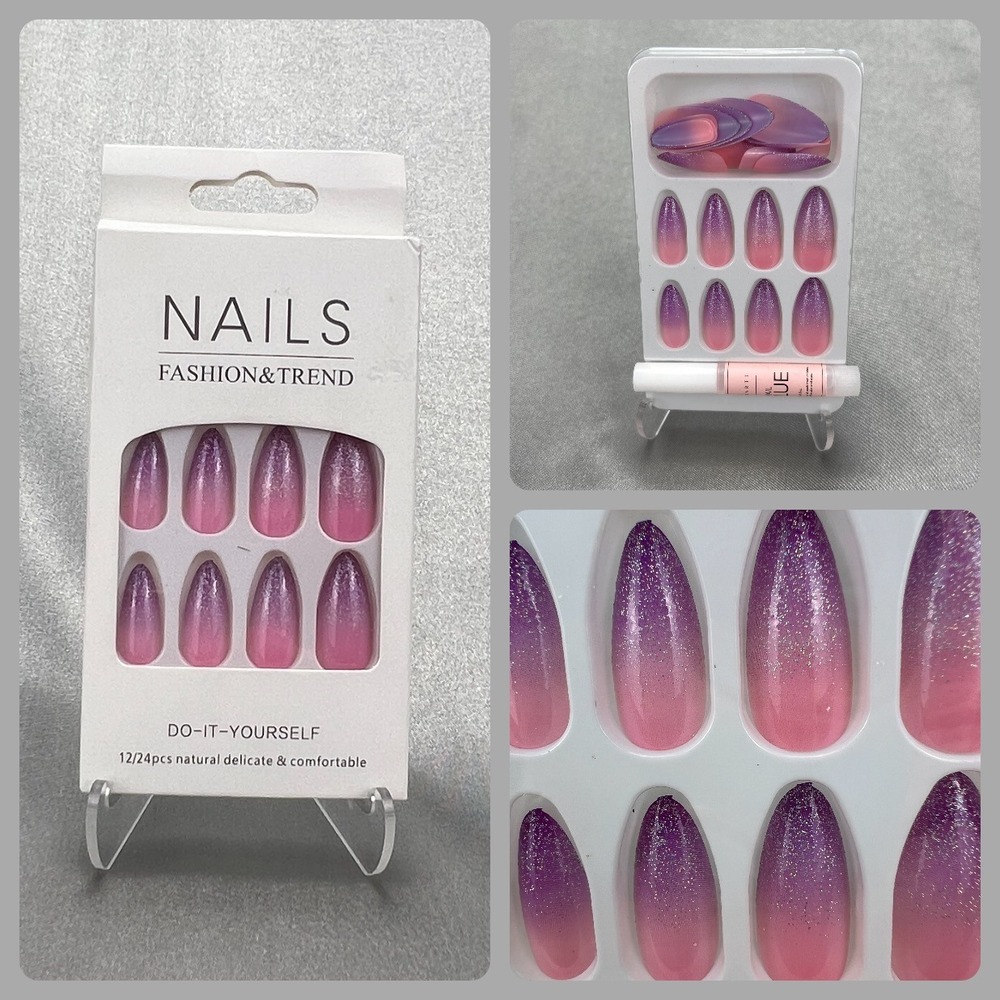 Valentine's 24pcs Set Press On Nails‎ Pink Purple Ombre Glitter Almond Shape